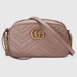 Gucci GG Marmont small shoulder bag Chevron Lion Porcel Rose Antique Gold